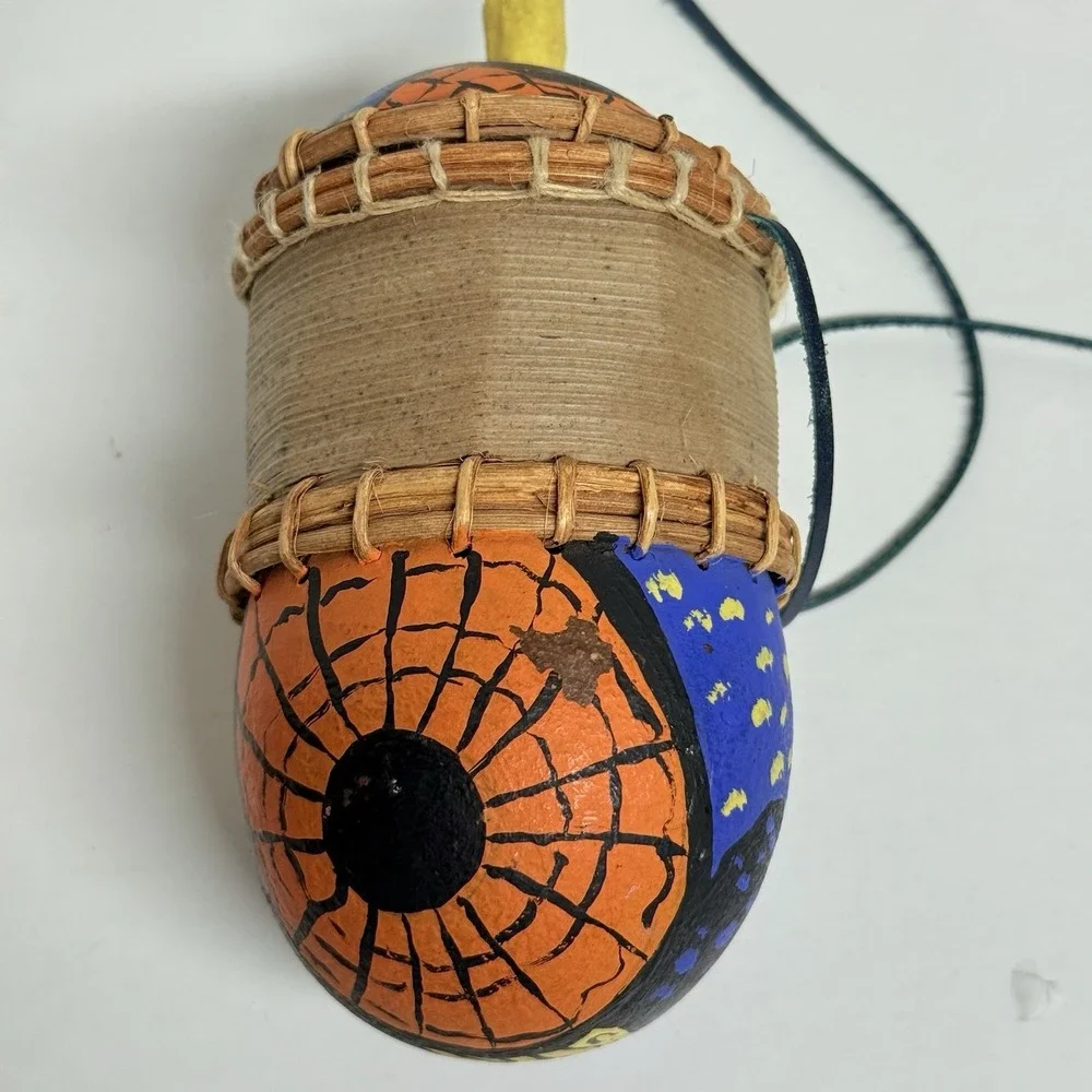 Hand‎ Painted Folk Art Gourd Basket Container Signed CS Southwestern